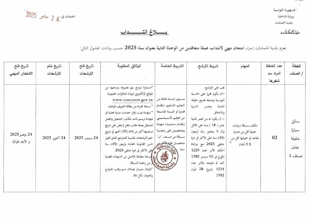 الصفحة الأولى من إعلان إنتداب ببلدية الحمامات 2025