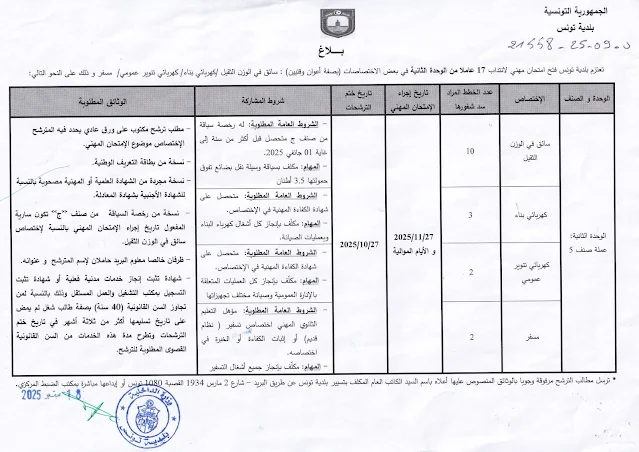 إعلان إنتداب 17 عامل وسائق وزن ثقيل ببلدية تونس