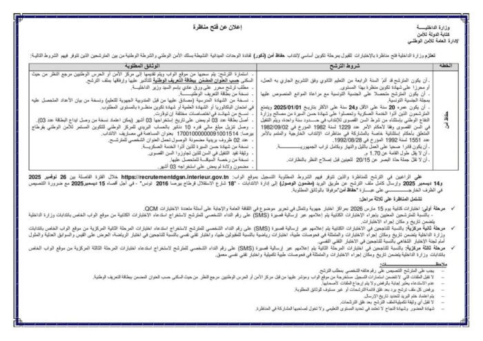 إعلان مناظرة انتداب حفاظ أمن 2025 بوزارة الداخلية التونسية