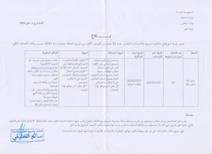 إعلان مناظرة انتداب بلدية النور ولاية صفاقس