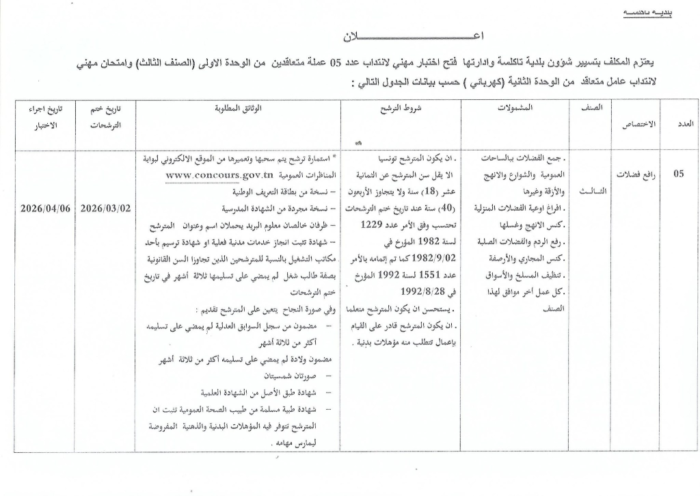 إعلان مناظرة انتداب بلدية تاكلسة ولاية نابل 1