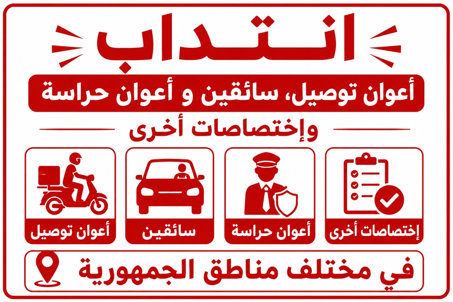 انتداب أعوان توصيل سائقين و أعوان حراسة وإختصاصات أخرى في مختلف مناطق الجمهورية