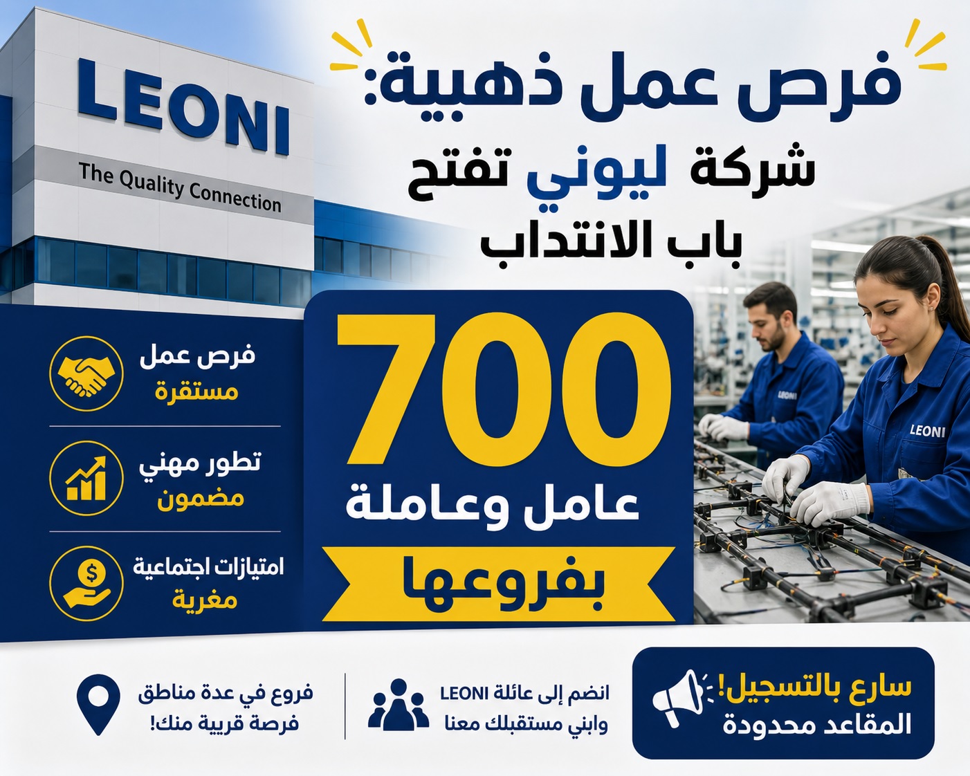 شركة ليوني تفتح باب الانتداب لـ 700 عامل وعاملة بفروعها