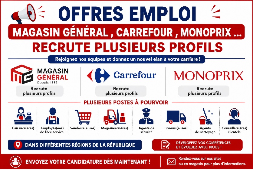 offres emploi Magasin Général Carrefour Monoprix 8230 recrute plusieurs profils
