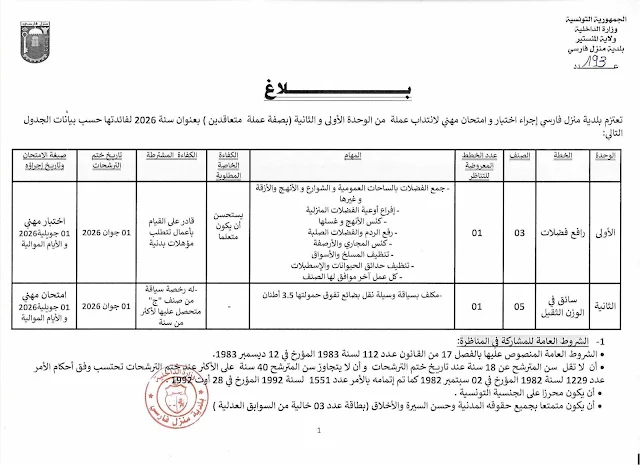 مناظرات البلديات المفتوحة حاليا في مختلف مناطق الجمهورية في عديد الاختصاصات