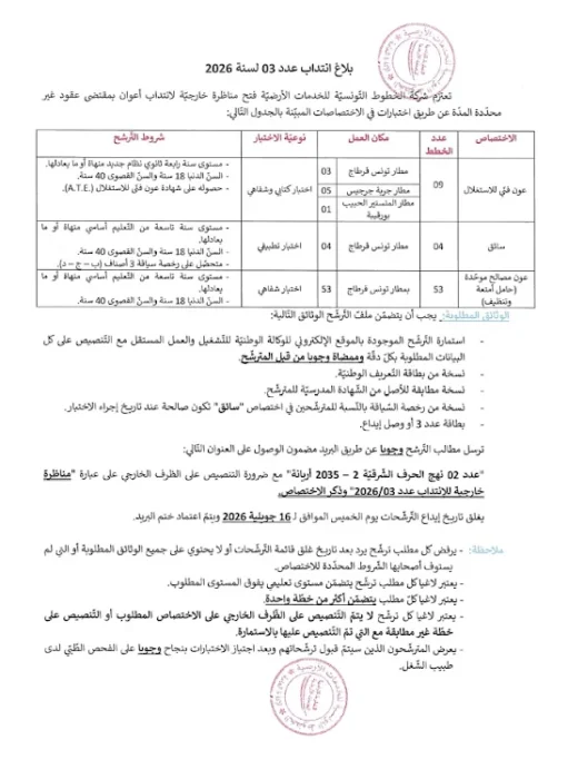 مناظرة شركة الخطوط التونسية للخدمات الارضية لانتداب أعوان بعقود غير محددة المدة آخر أجل 16 جويلية 2026